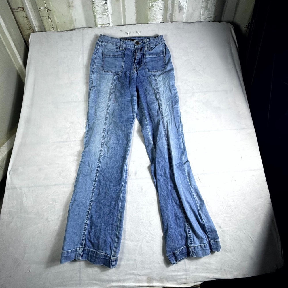 One 5 One Two Tone Flare Jeans Womens 4 Blue Denim Medium Wash Patch Pockets
